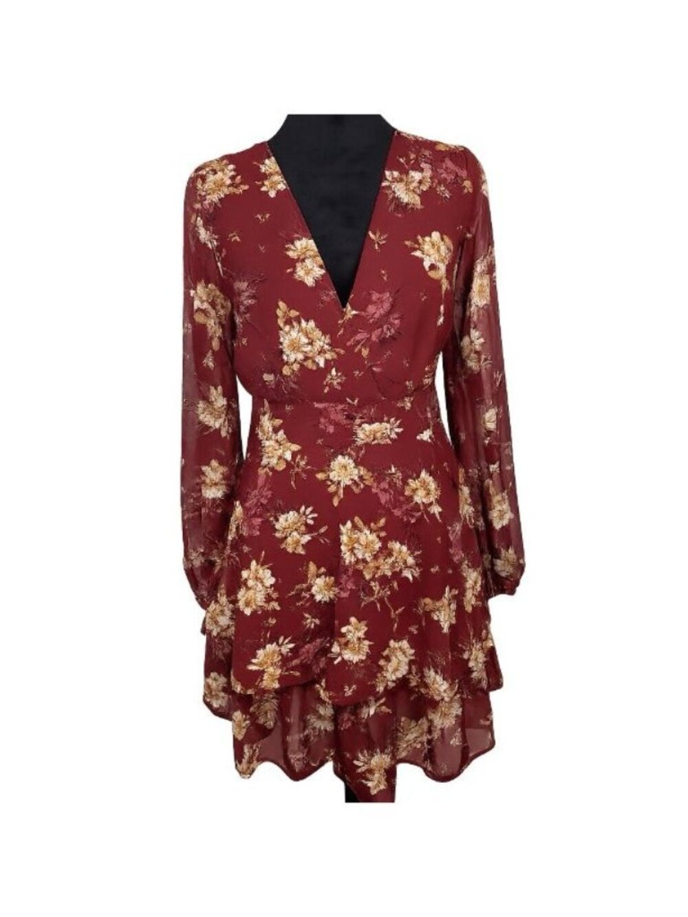 Japna Dress Floral Long Sleeve Tiered Ruffle Size Medium Maroon Tie Waist